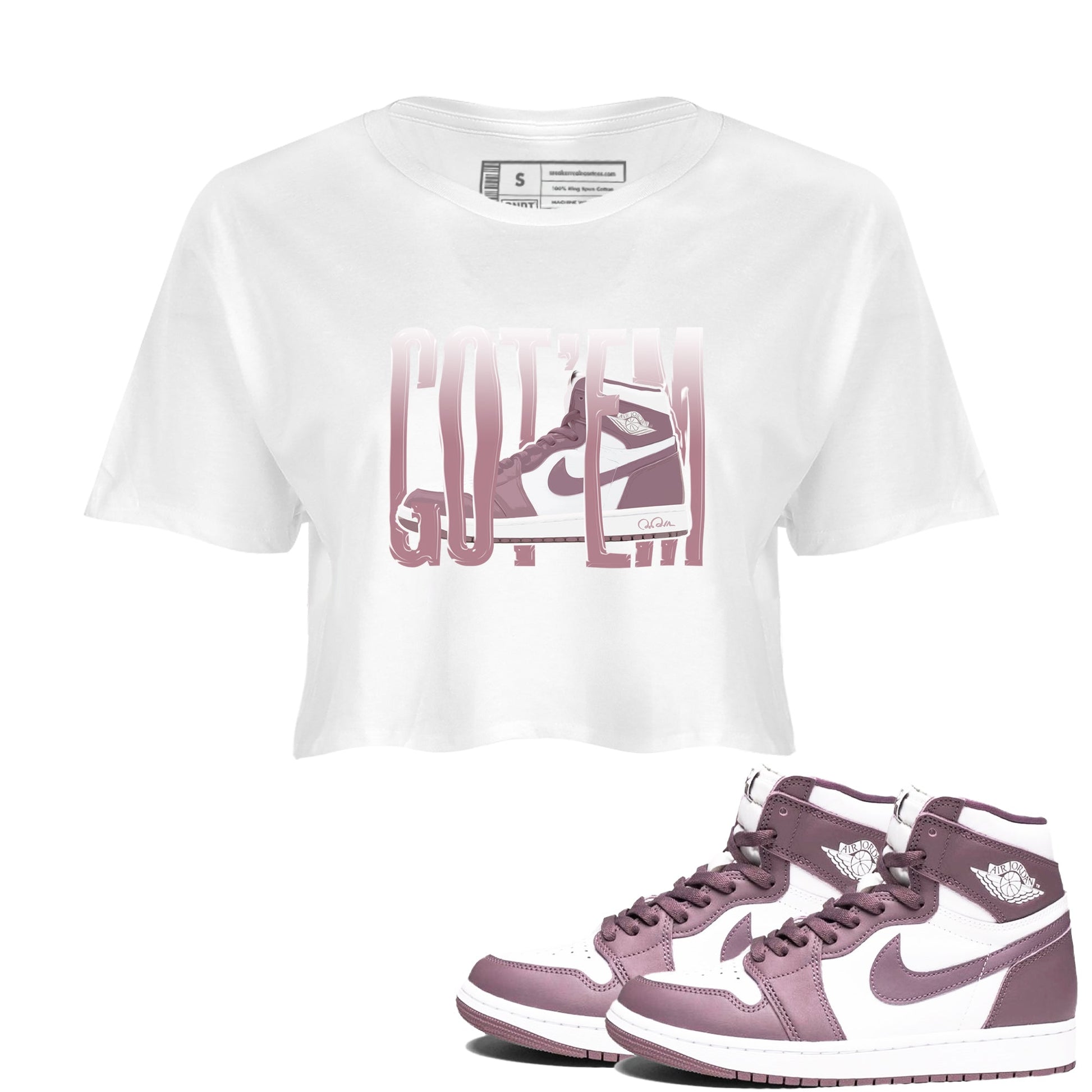 Air Jordan 1 Mauve shirt to match jordans Wiggling Gotem sneaker tees AJ1Mauve SNRT Sneaker Release Tees White 1 Crop T-Shirt