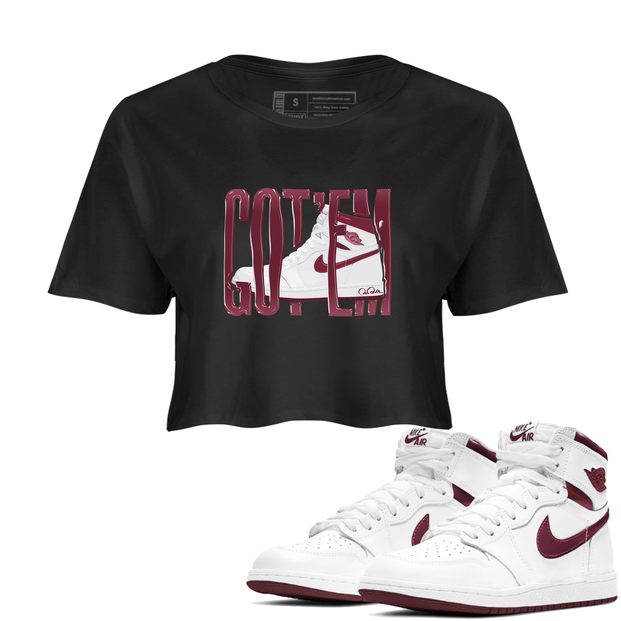1s Metallic Burgundy shirt to match jordans Wiggling Gotem sneaker tees AJ1 Metallic Burgundy SNRT Sneaker Release Tees Black 1 Crop T-Shirt