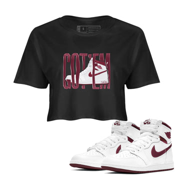 1s Metallic Burgundy shirt to match jordans Wiggling Gotem sneaker tees AJ1 Metallic Burgundy SNRT Sneaker Release Tees Black 1 Crop T-Shirt