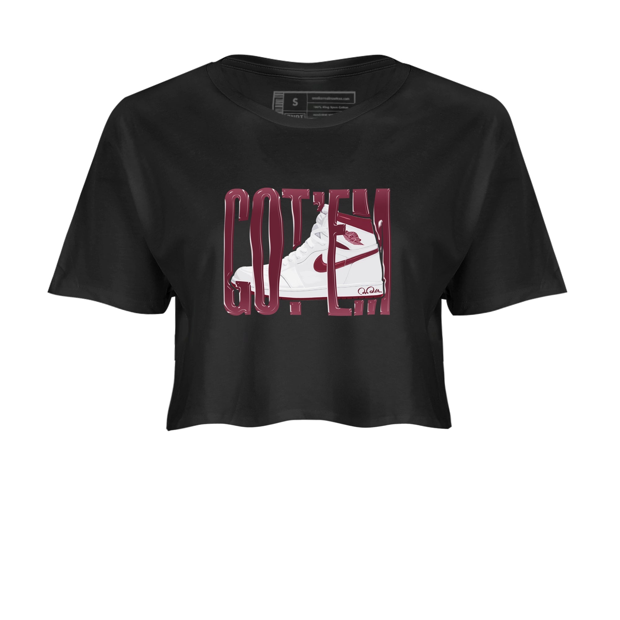 1s Metallic Burgundy shirt to match jordans Wiggling Gotem sneaker tees AJ1 Metallic Burgundy SNRT Sneaker Release Tees Black 2 Crop T-Shirt