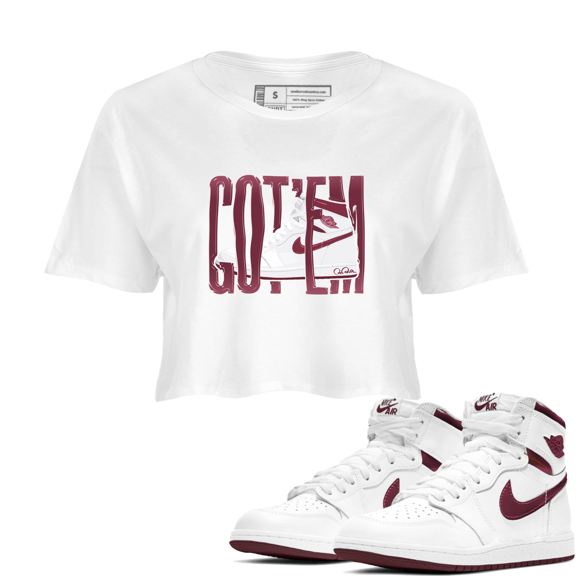 1s Metallic Burgundy shirt to match jordans Wiggling Gotem sneaker tees AJ1 Metallic Burgundy SNRT Sneaker Release Tees White 1 Crop T-Shirt
