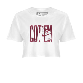 1s Metallic Burgundy shirt to match jordans Wiggling Gotem sneaker tees AJ1 Metallic Burgundy SNRT Sneaker Release Tees White 2 Crop T-Shirt