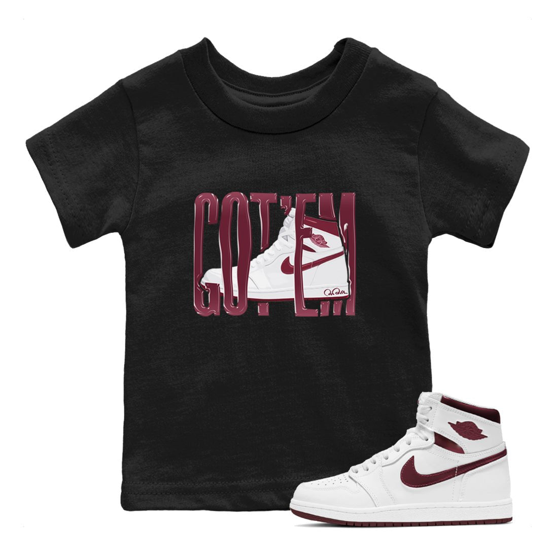 1s Metallic Burgundy shirt to match jordans Wiggling Gotem sneaker tees AJ1 Metallic Burgundy SNRT Sneaker Release Tees Baby Toddler Black 1 T-Shirt