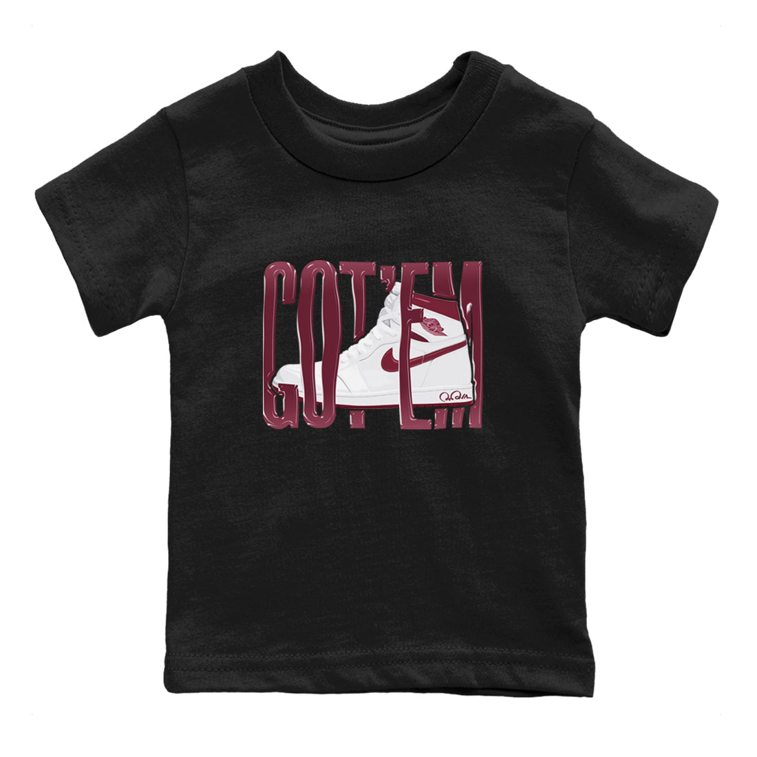 1s Metallic Burgundy shirt to match jordans Wiggling Gotem sneaker tees AJ1 Metallic Burgundy SNRT Sneaker Release Tees Baby Toddler Black 2 T-Shirt