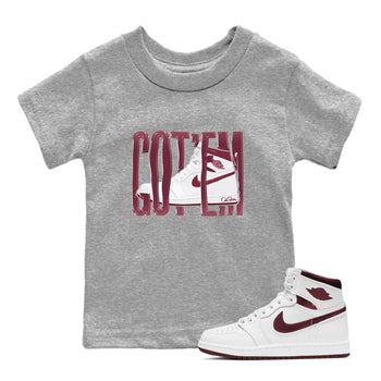 1s Metallic Burgundy shirt to match jordans Wiggling Gotem sneaker tees AJ1 Metallic Burgundy SNRT Sneaker Release Tees Baby Toddler Heather Grey 1 T-Shirt