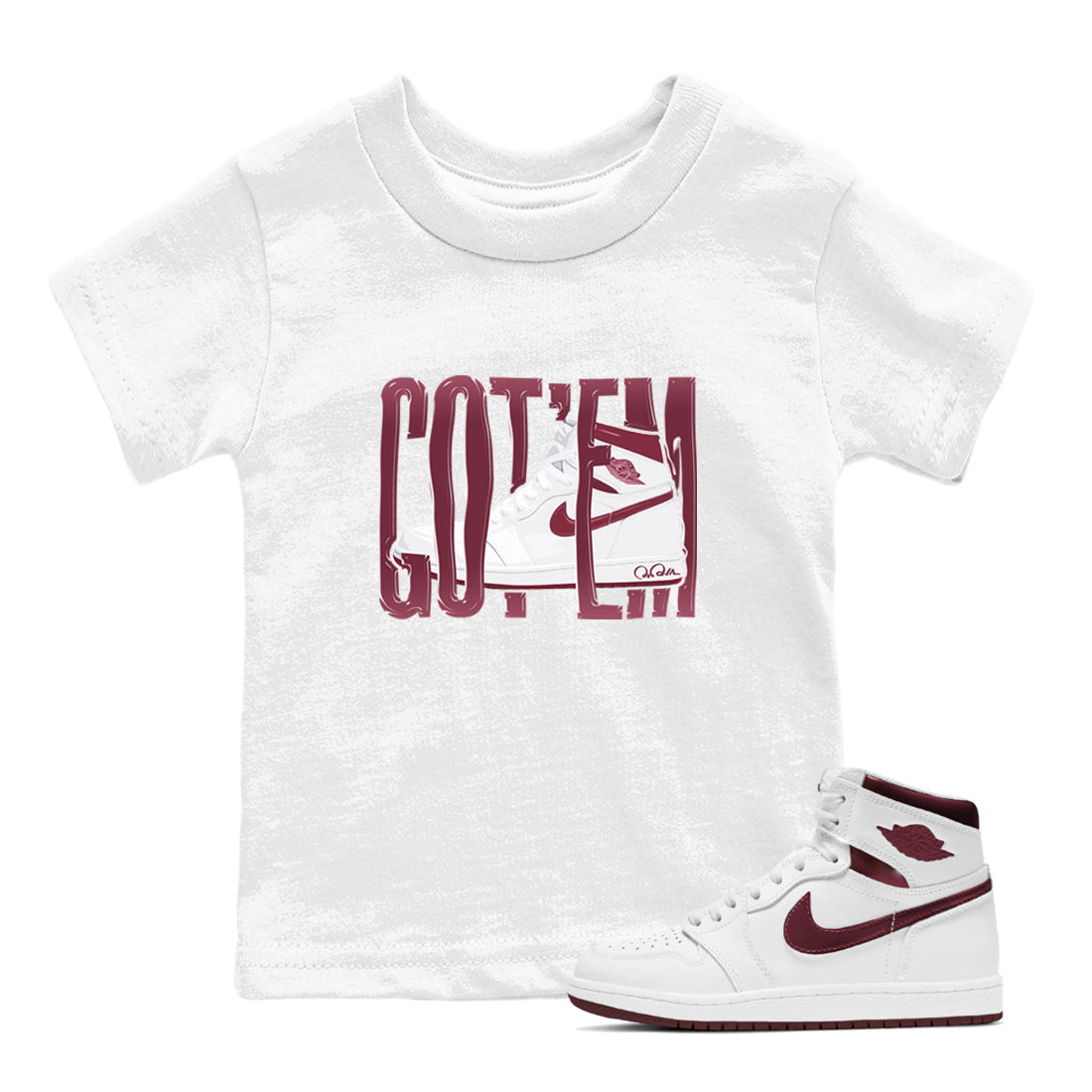 1s Metallic Burgundy shirt to match jordans Wiggling Gotem sneaker tees AJ1 Metallic Burgundy SNRT Sneaker Release Tees Baby Toddler White 1 T-Shirt