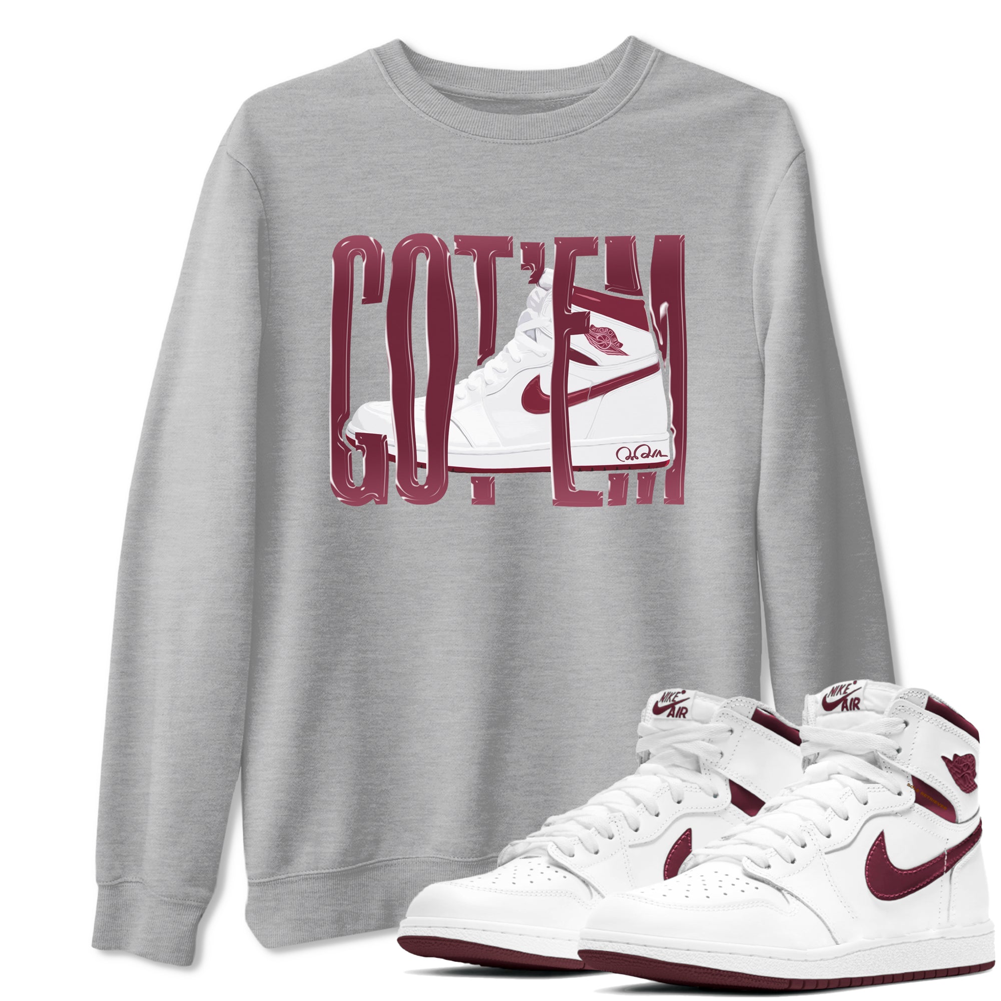 1s Metallic Burgundy shirt to match jordans Wiggling Gotem sneaker tees AJ1 Metallic Burgundy SNRT Sneaker Release Tees Unisex Heather Grey 1 T-Shirt