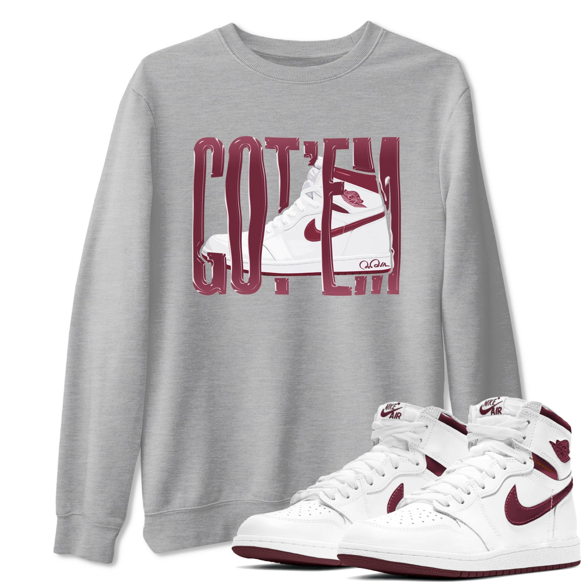1s Metallic Burgundy shirt to match jordans Wiggling Gotem sneaker tees AJ1 Metallic Burgundy SNRT Sneaker Release Tees Unisex Heather Grey 1 T-Shirt