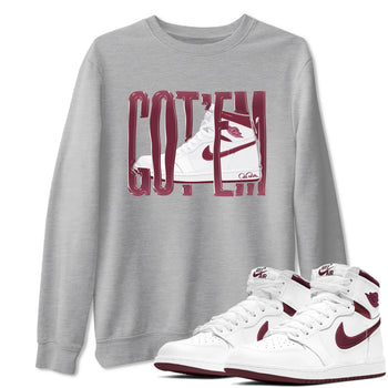 1s Metallic Burgundy shirt to match jordans Wiggling Gotem sneaker tees AJ1 Metallic Burgundy SNRT Sneaker Release Tees Unisex Heather Grey 1 T-Shirt