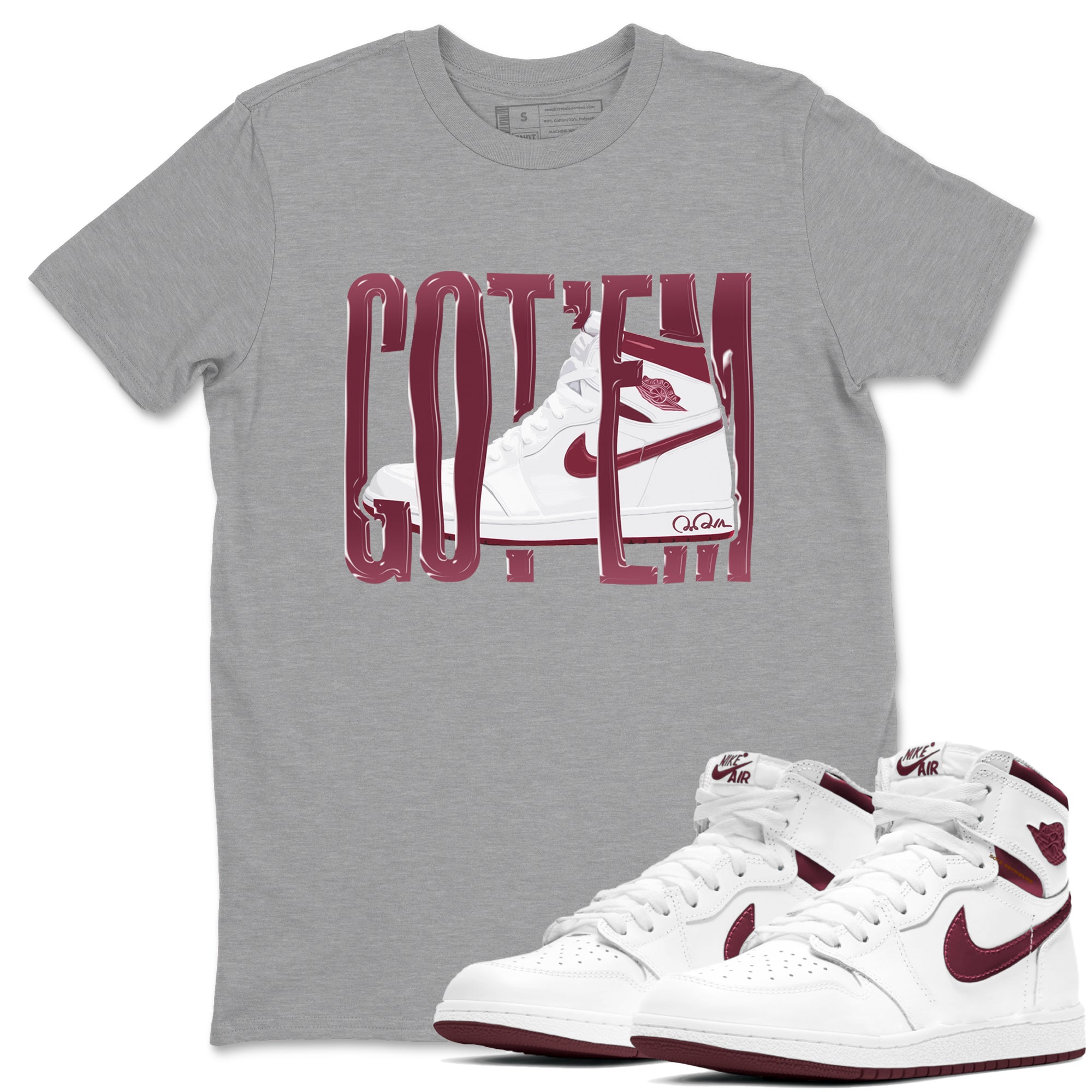 1s Metallic Burgundy shirt to match jordans Wiggling Gotem sneaker tees AJ1 Metallic Burgundy SNRT Sneaker Release Tees Unisex Heather Grey 1 T-Shirt