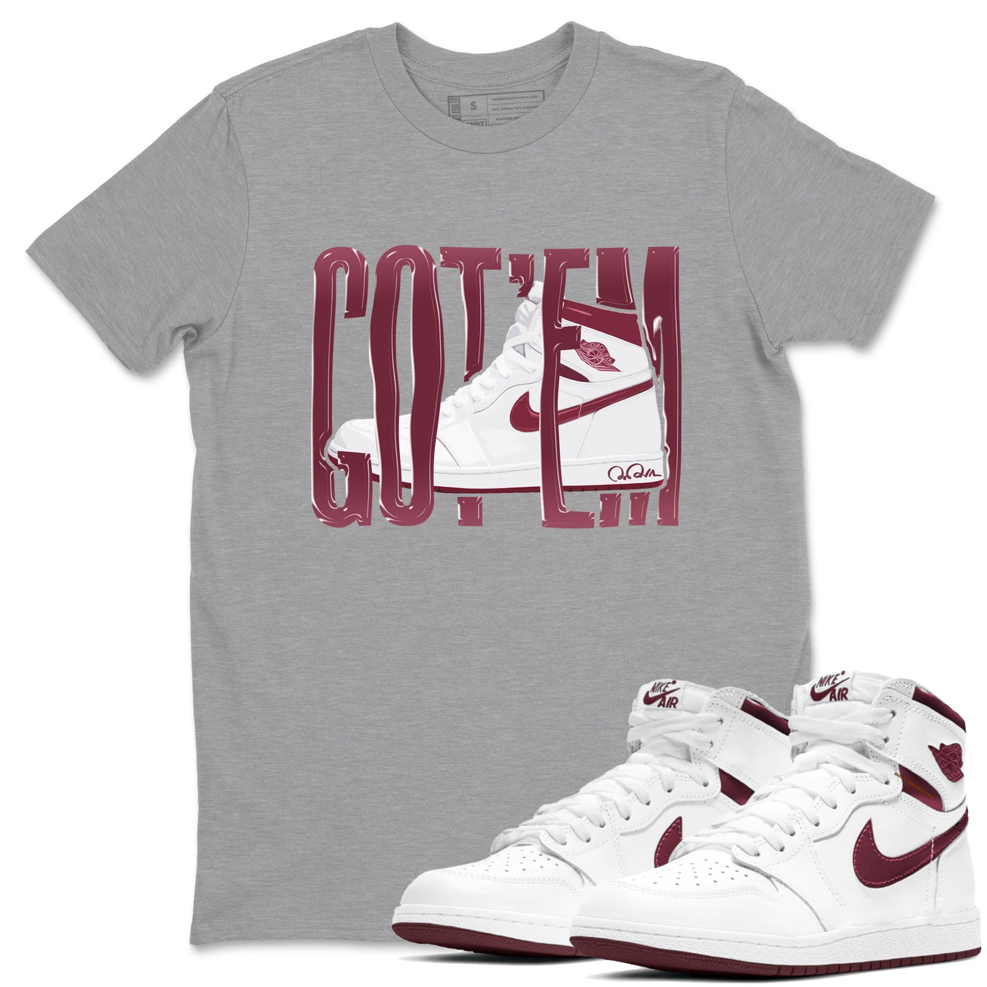 1s Metallic Burgundy shirt to match jordans Wiggling Gotem sneaker tees AJ1 Metallic Burgundy SNRT Sneaker Release Tees Unisex Heather Grey 1 T-Shirt