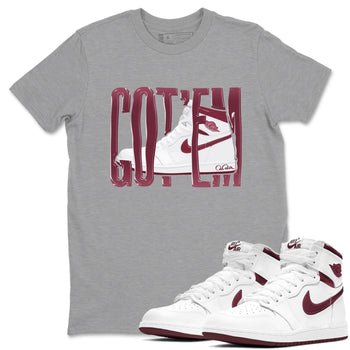 1s Metallic Burgundy shirt to match jordans Wiggling Gotem sneaker tees AJ1 Metallic Burgundy SNRT Sneaker Release Tees Unisex Heather Grey 1 T-Shirt