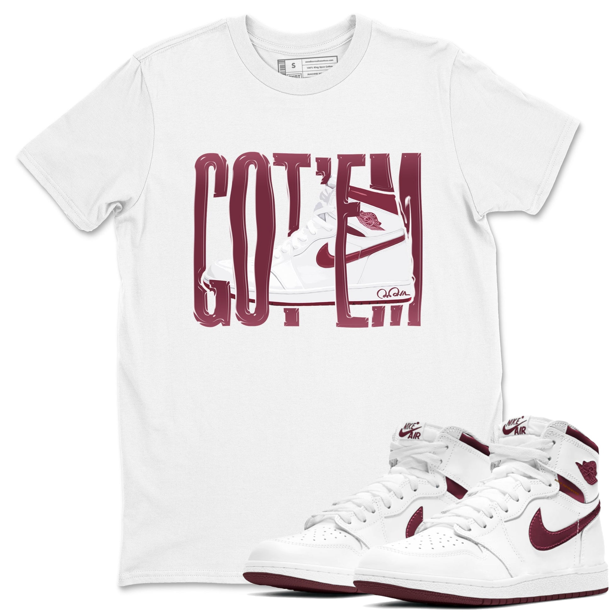 1s Metallic Burgundy shirt to match jordans Wiggling Gotem sneaker tees AJ1 Metallic Burgundy SNRT Sneaker Release Tees Unisex White 1 T-Shirt