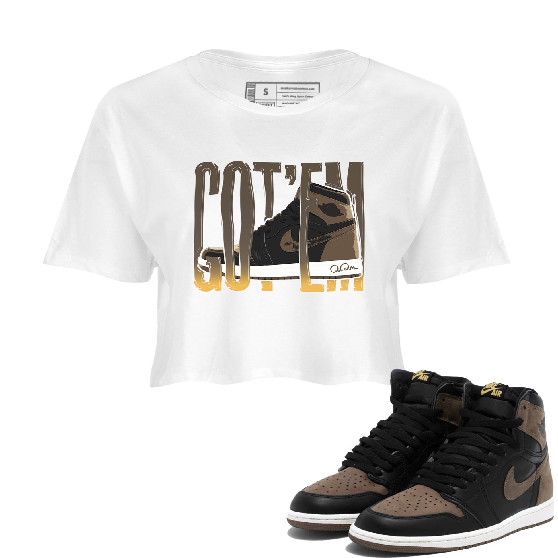 Air Jordan 1 Palomino shirt to match jordans Wiggling Gotem sneaker tees AJ1 High Palomino SNRT Sneaker Release Tees White 1 Crop T-Shirt