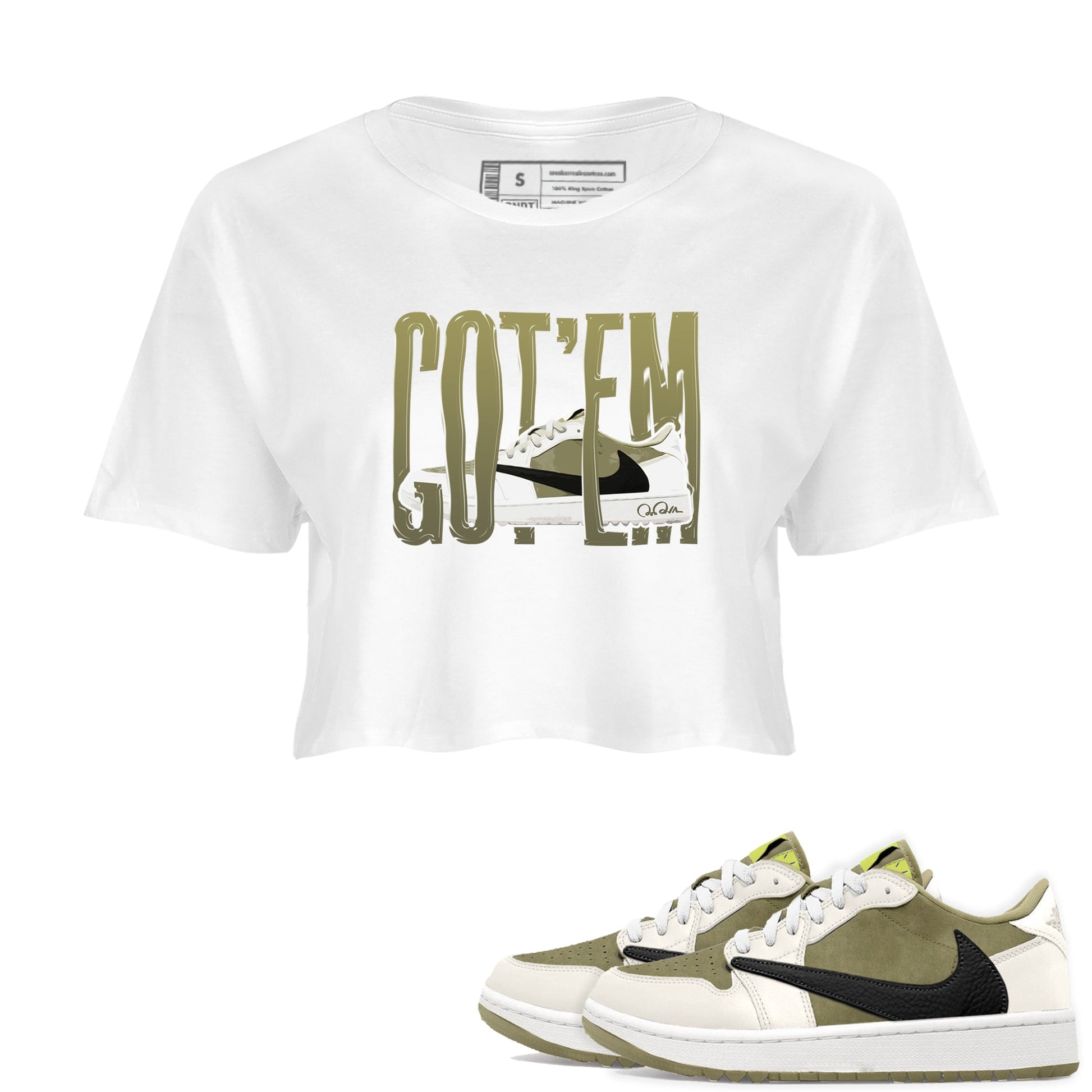 Air Jordan 1 Travis Scott Golf shirt to match jordans Wiggling Gotem sneaker tees AJ1 lowTravis Scott Golf SNRT Sneaker Release Tees White 1 Crop T-Shirt