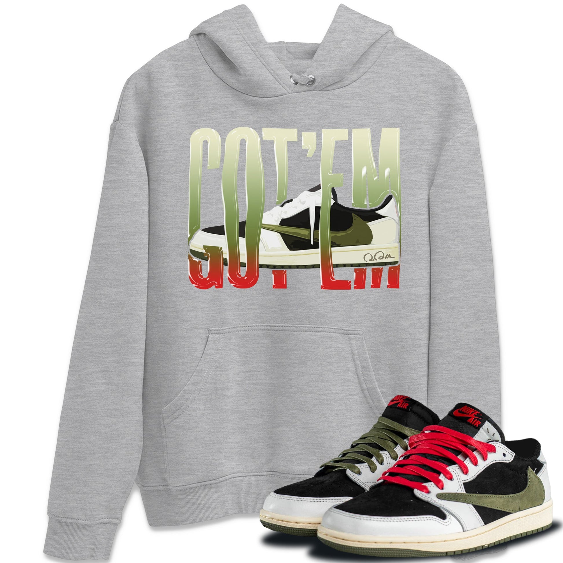 Air Jordan 1 Travis Scott Olive Sneaker Match Tees Wiggling Gotem Sneaker Tees AJ1 OG Travis Scott Olive Sneaker Release Tees Unisex Shirts Heather Grey 1