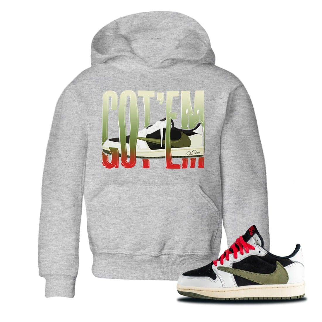 Air Jordan 1 Travis Scott Olive Sneaker Match Tees Wiggling Gotem Sneaker Tees AJ1 OG Travis Scott Olive Sneaker Release Tees Kids Shirts Heather Grey 1