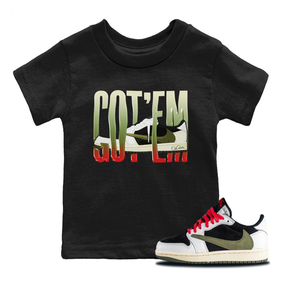 Air Jordan 1 Travis Scott Olive Sneaker Match Tees Wiggling Gotem Sneaker Tees AJ1 OG Travis Scott Olive Sneaker Release Tees Kids Shirts Black 1