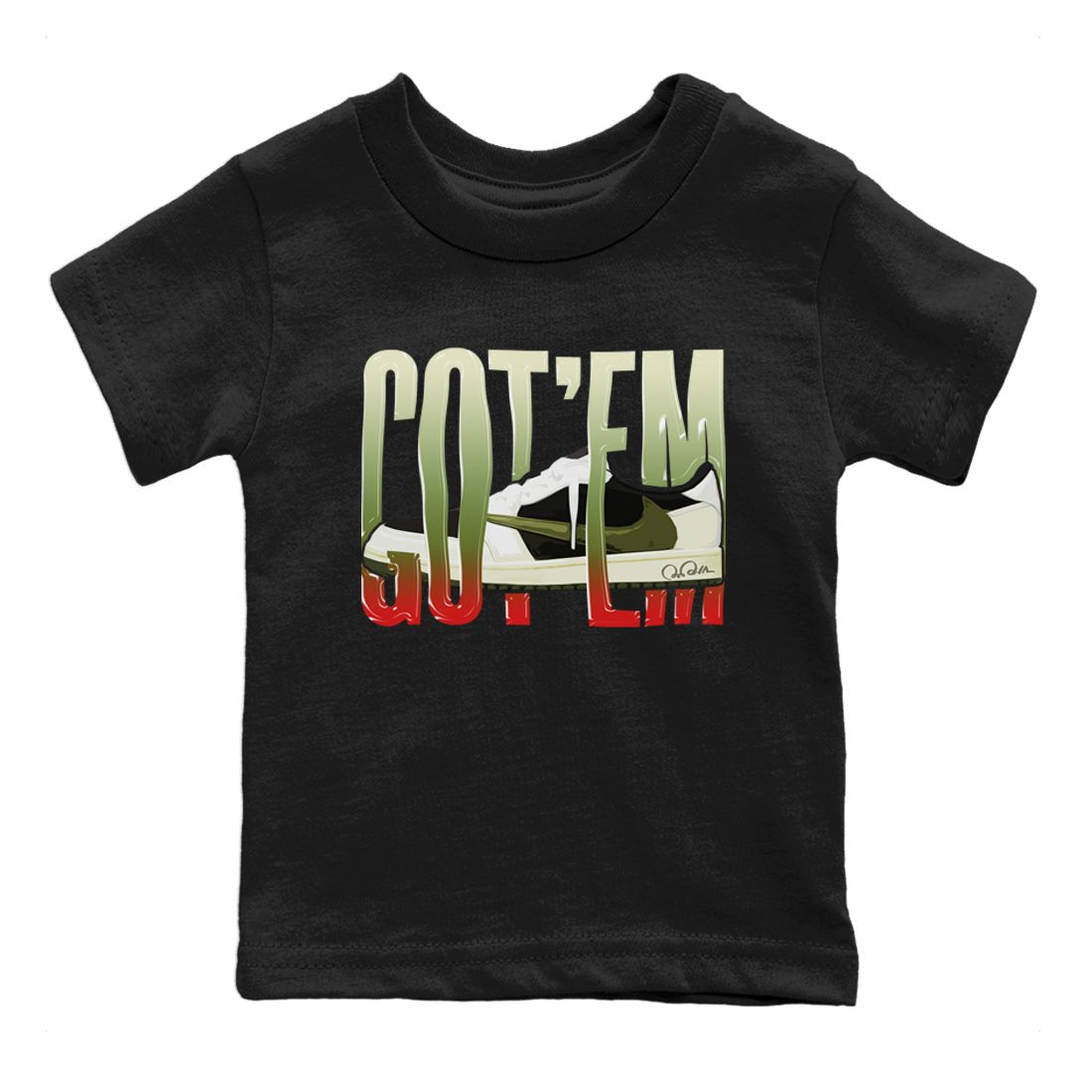 Air Jordan 1 Travis Scott Olive Sneaker Match Tees Wiggling Gotem Sneaker Tees AJ1 OG Travis Scott Olive Sneaker Release Tees Kids Shirts Black 2
