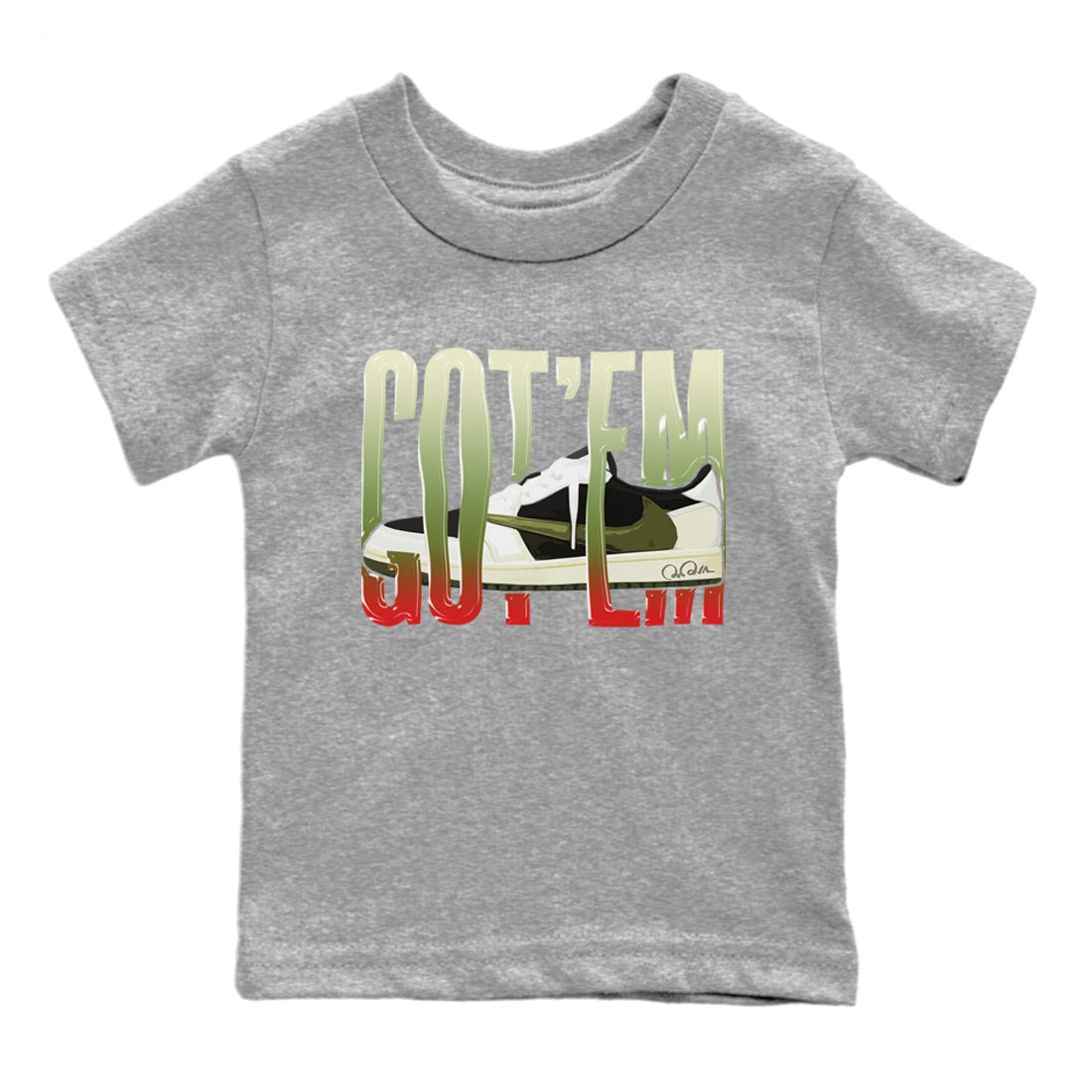 Air Jordan 1 Travis Scott Olive Sneaker Match Tees Wiggling Gotem Sneaker Tees AJ1 OG Travis Scott Olive Sneaker Release Tees Kids Shirts Heather Grey 2
