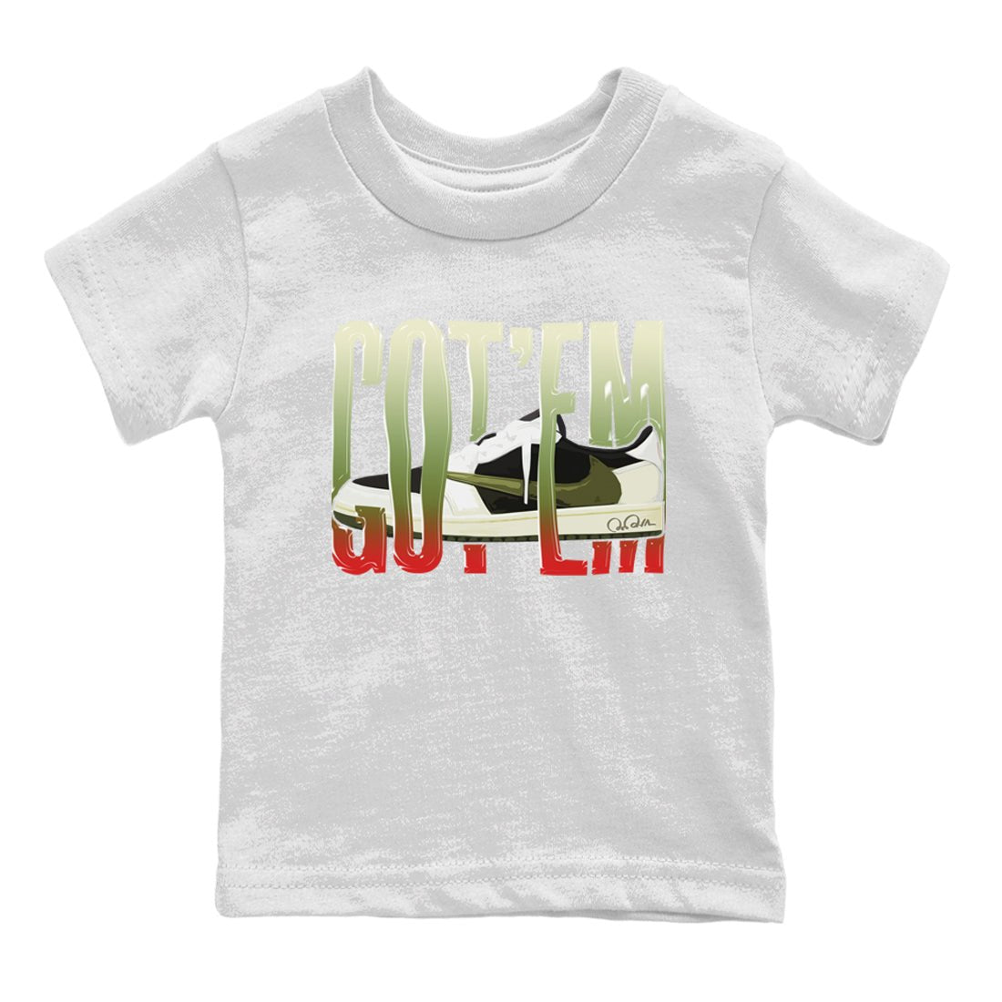 Air Jordan 1 Travis Scott Olive Sneaker Match Tees Wiggling Gotem Sneaker Tees AJ1 OG Travis Scott Olive Sneaker Release Tees Kids Shirts White 2