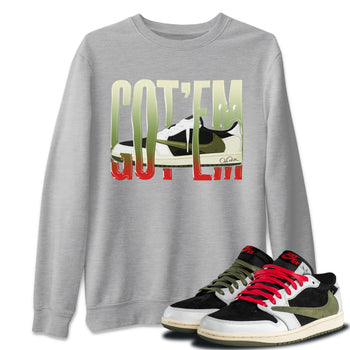 Air Jordan 1 Travis Scott Olive Sneaker Match Tees Wiggling Gotem Sneaker Tees AJ1 OG Travis Scott Olive Sneaker Release Tees Unisex Shirts Heather Grey 1