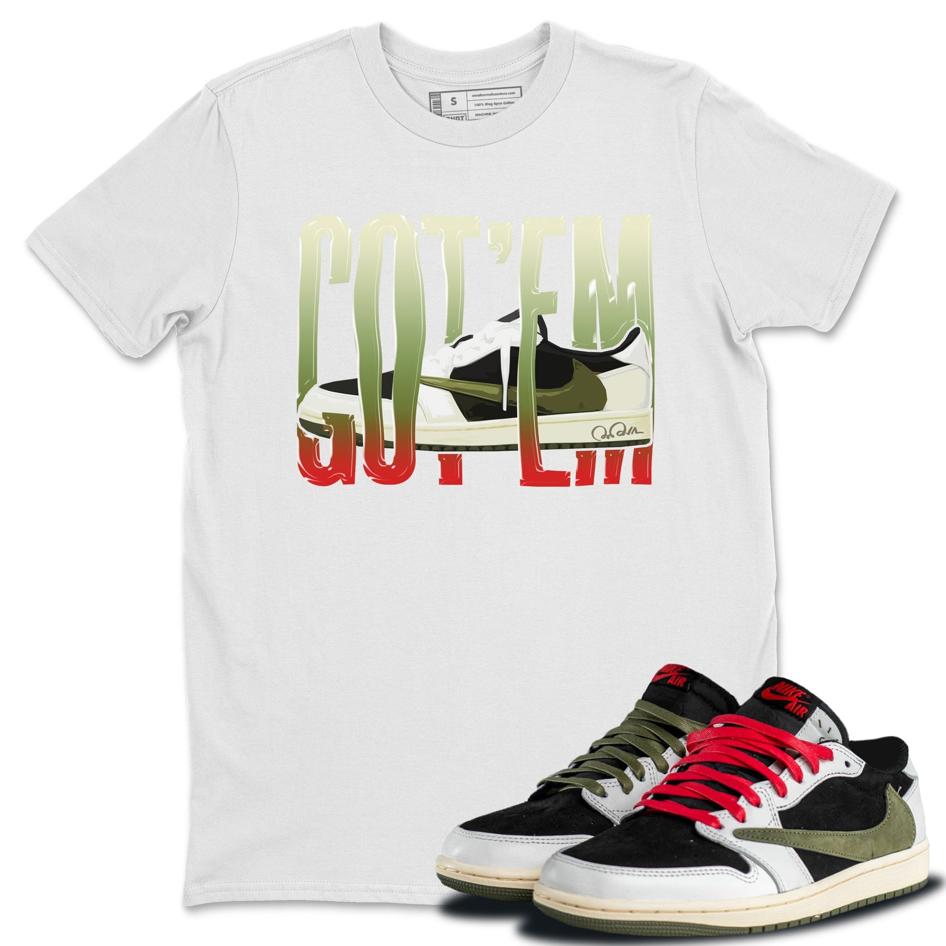 Air Jordan 1 Travis Scott Olive Sneaker Match Tees Wiggling Gotem Sneaker Tees AJ1 OG Travis Scott Olive Sneaker Release Tees Unisex Shirts White 1