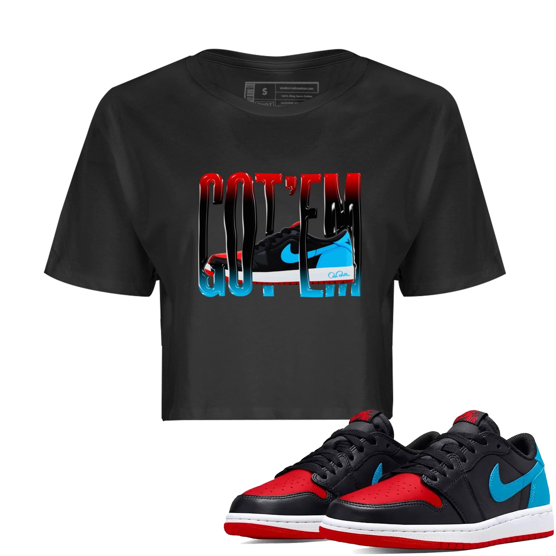 Air Jordan 1 UNC to Chicago Sneaker Match Tees Wiggling Gotem Sneaker Tees AJ1 UNC to Chicago Sneaker Release Tees Women's Shirts Black 1