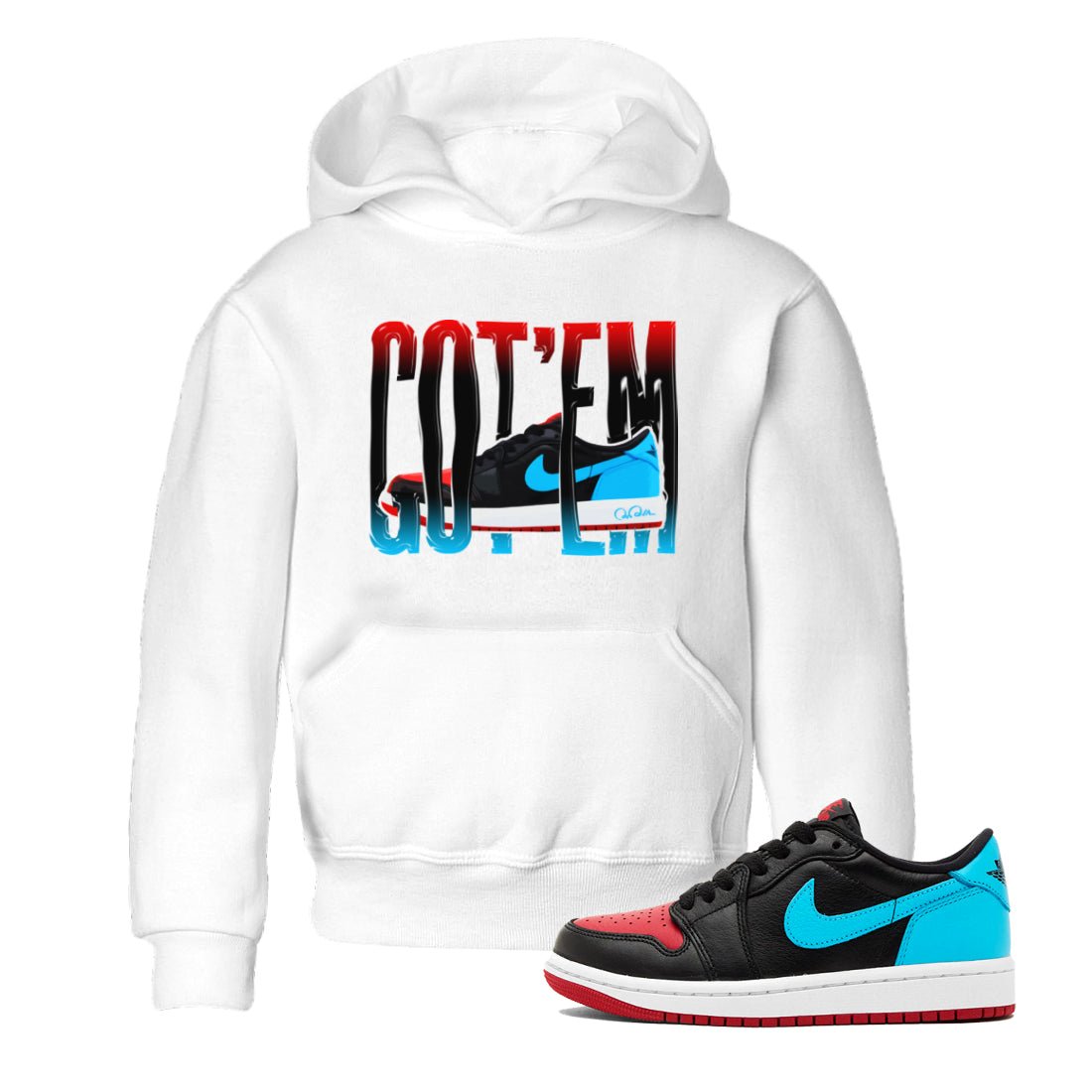 Air Jordan 1 UNC to Chicago Sneaker Match Tees Wiggling Gotem Sneaker Tees AJ1 UNC to Chicago Sneaker Release Tees Kids Shirts White 1