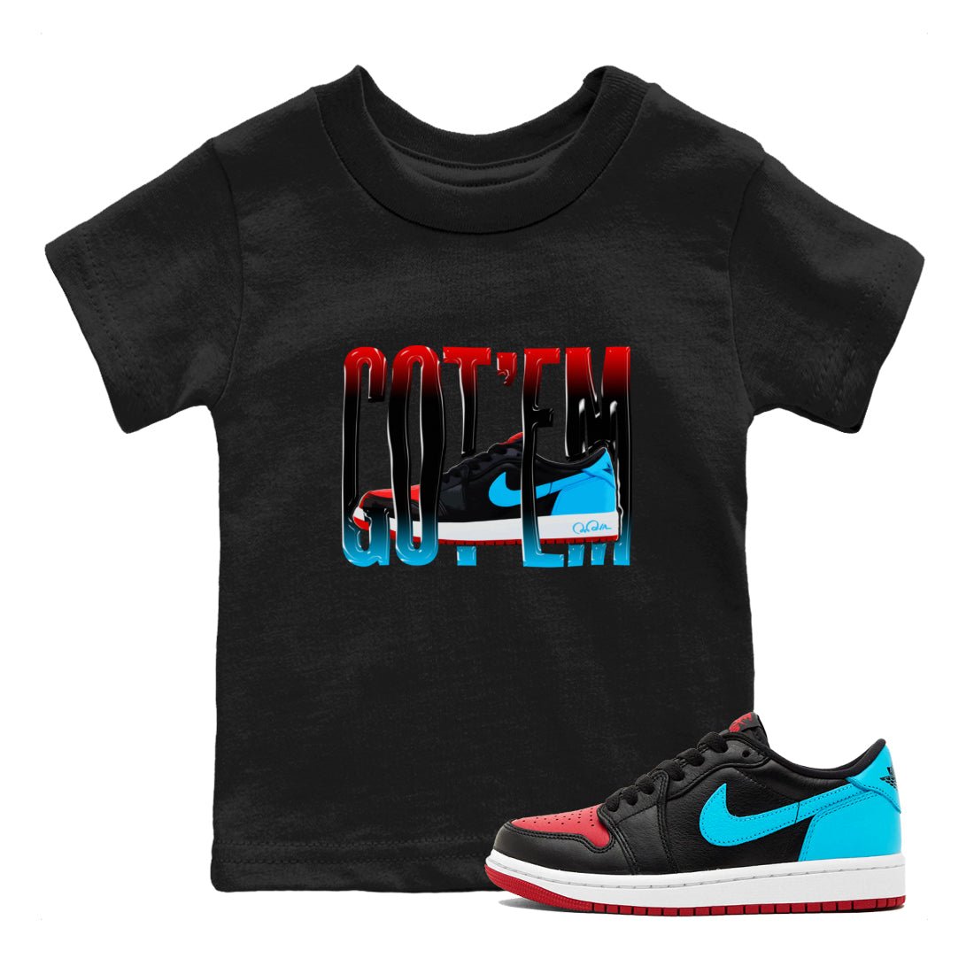Air Jordan 1 UNC to Chicago Sneaker Match Tees Wiggling Gotem Sneaker Tees AJ1 UNC to Chicago Sneaker Release Tees Kids Shirts Black 1