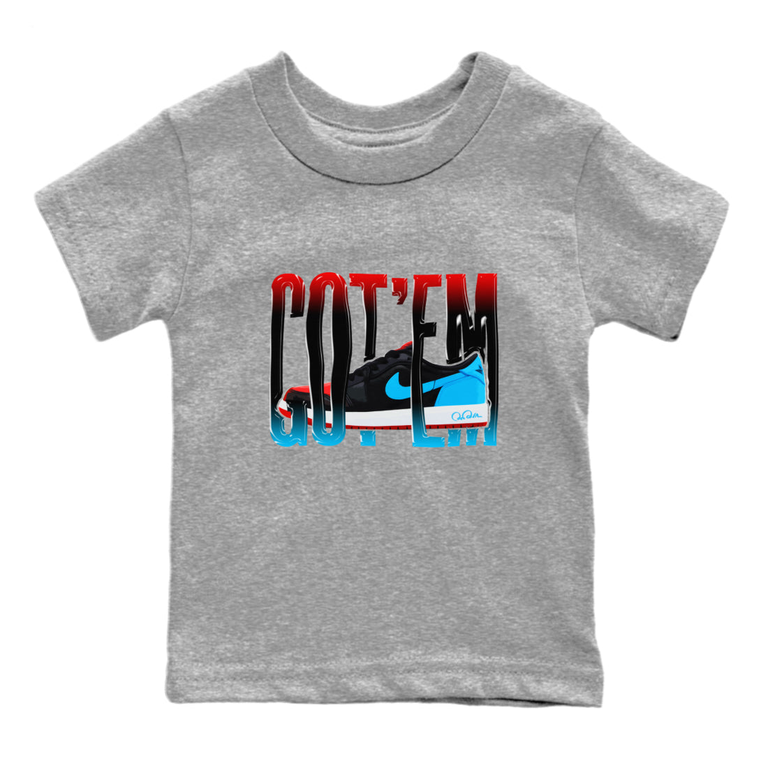 Air Jordan 1 UNC to Chicago Sneaker Match Tees Wiggling Gotem Sneaker Tees AJ1 UNC to Chicago Sneaker Release Tees Kids Shirts Heather Grey 2