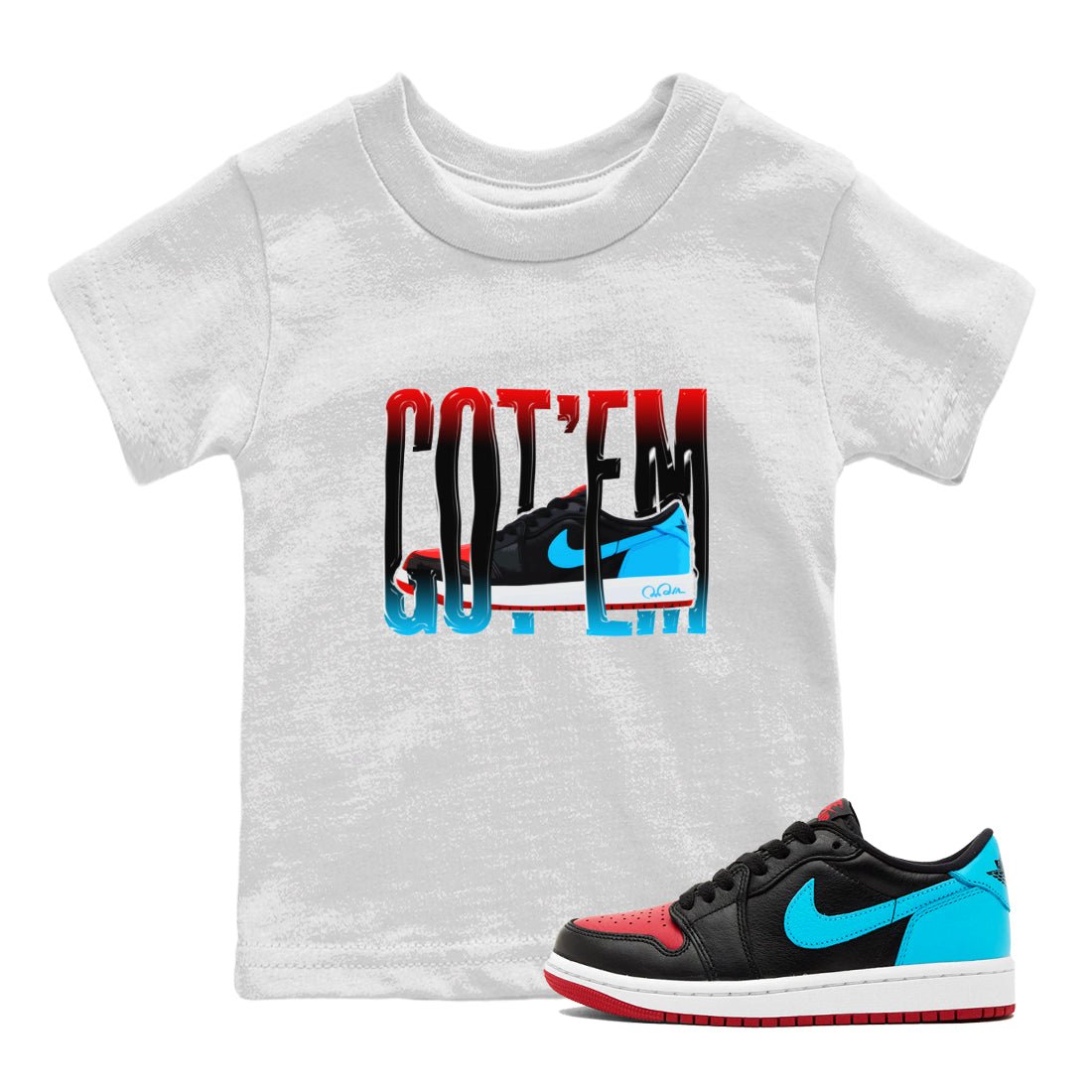 Air Jordan 1 UNC to Chicago Sneaker Match Tees Wiggling Gotem Sneaker Tees AJ1 UNC to Chicago Sneaker Release Tees Kids Shirts White 1