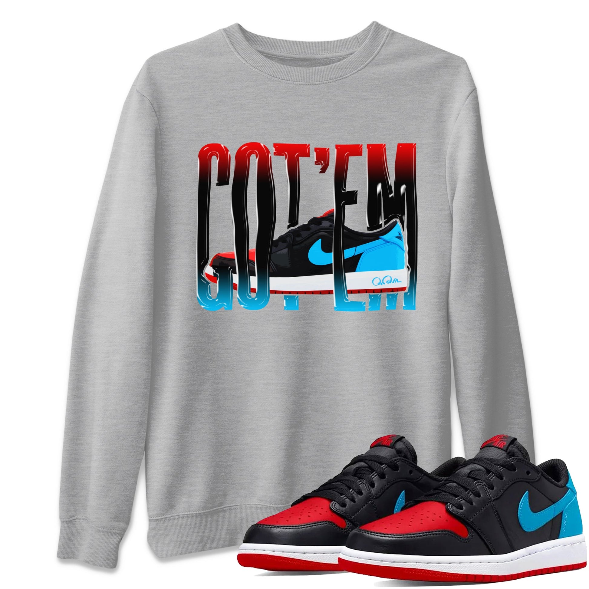 Air Jordan 1 UNC to Chicago Sneaker Match Tees Wiggling Gotem Sneaker Tees AJ1 UNC to Chicago Sneaker Release Tees Unisex Shirts Heather Grey 1