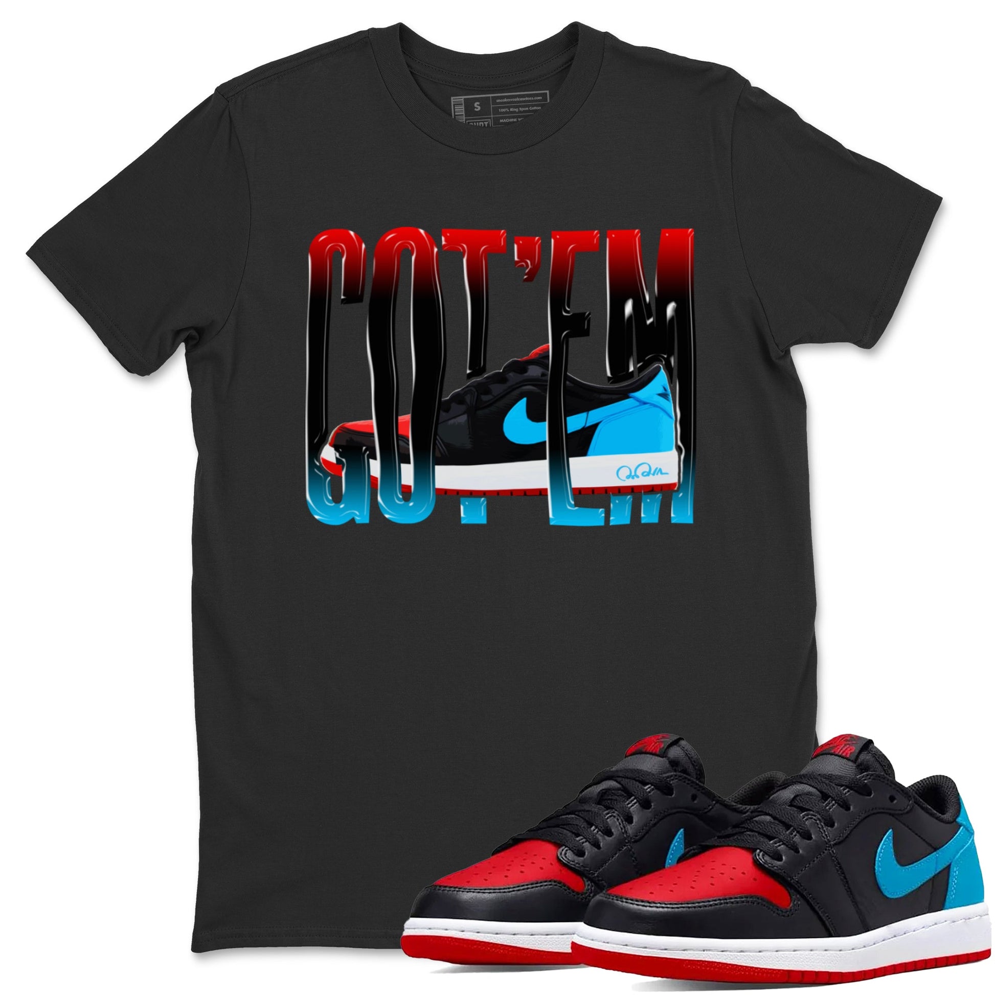 Air Jordan 1 UNC to Chicago Sneaker Match Tees Wiggling Gotem Sneaker Tees AJ1 UNC to Chicago Sneaker Release Tees Unisex Shirts Black 1