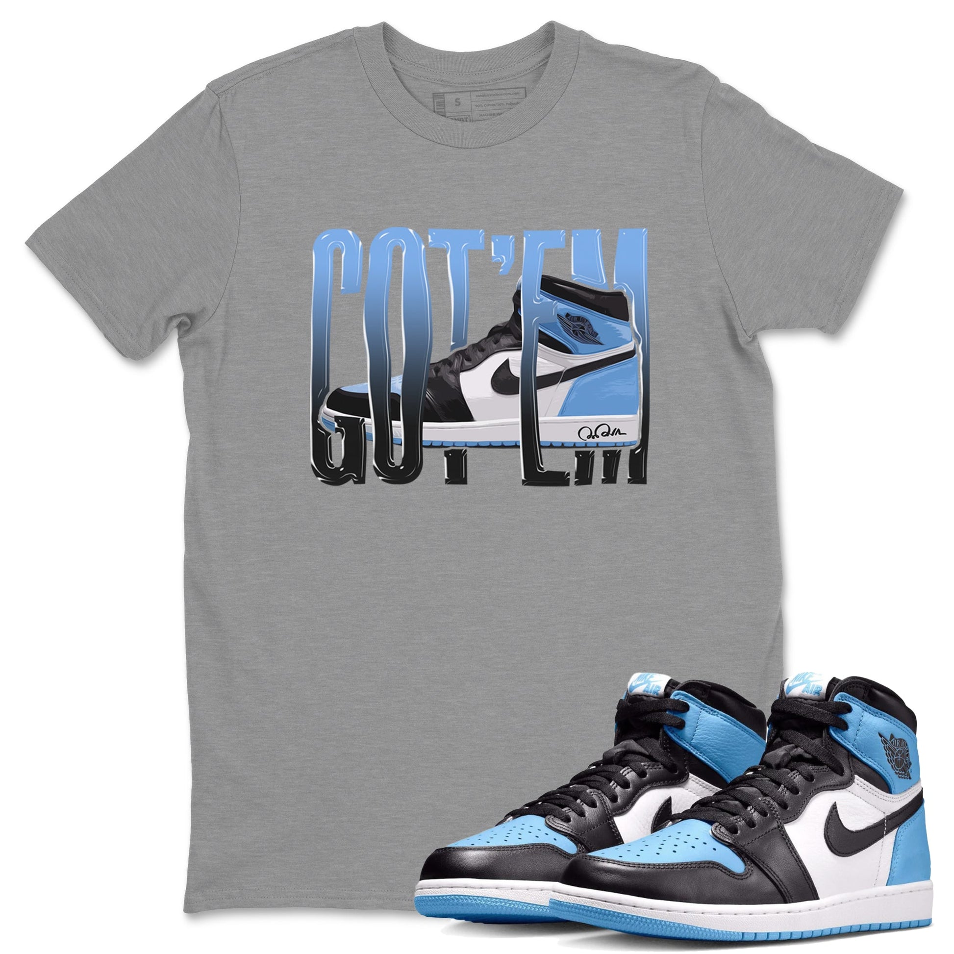 Air Jordan 1 UNC Toe Wiggling Gotem Crew Neck Sneaker Tees AJ1 OG High UNC Toe Sneaker T-Shirts Size Chart