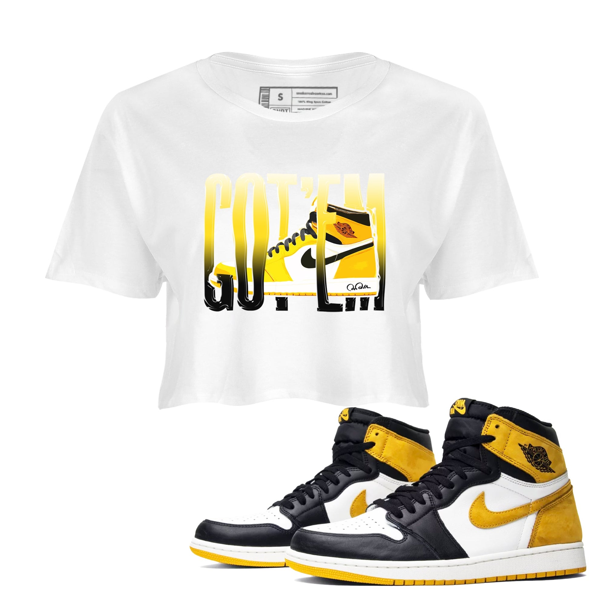 1s Yellow Ochre shirt to match jordans Wiggling Gotem sneaker tees Air Jordan 1 Yellow Ochre SNRT Sneaker Release Tees White 1 crop length shirt