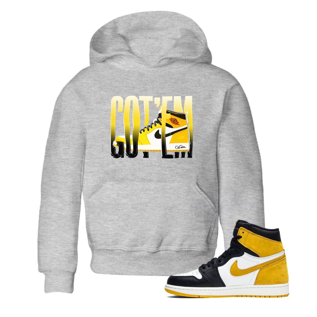 1s Yellow Ochre shirt to match jordans Wiggling Gotem sneaker tees Air Jordan 1 Yellow Ochre SNRT sneaker release tees baby toddler Heather Grey 1 cotton Shirt