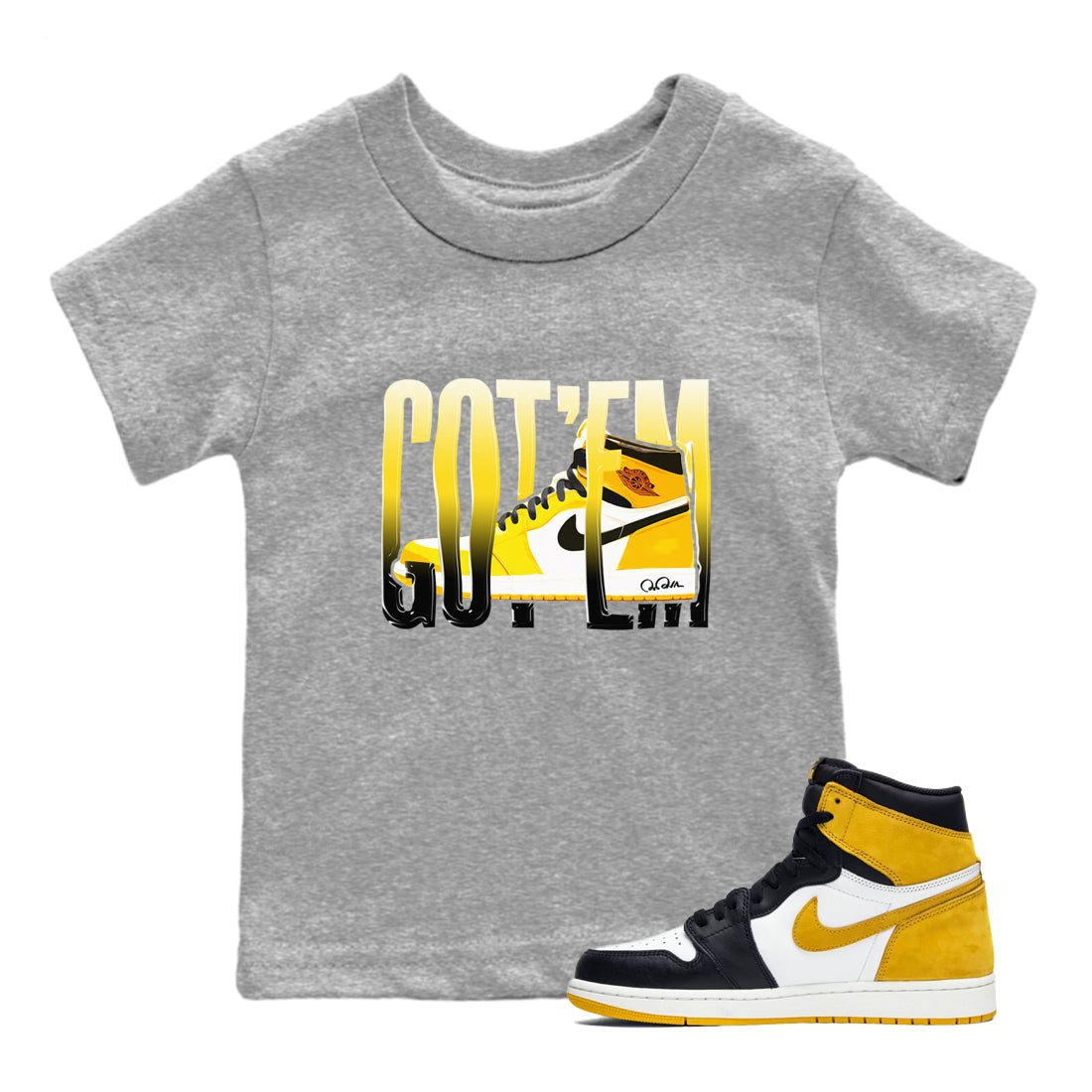 1s Yellow Ochre shirt to match jordans Wiggling Gotem sneaker tees Air Jordan 1 Yellow Ochre SNRT sneaker release tees baby toddler Heather Grey 1 cotton Shirt
