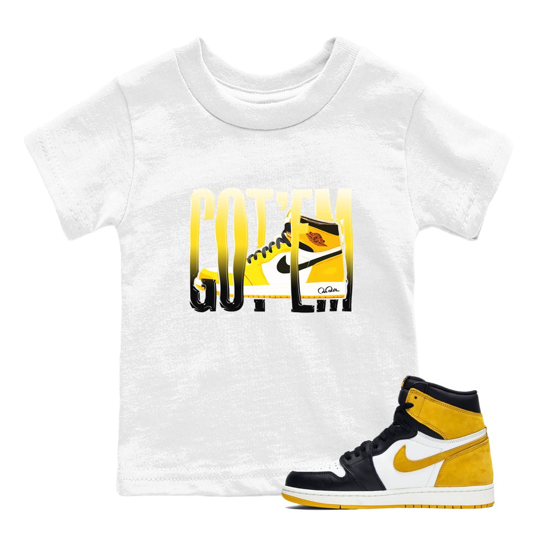 1s Yellow Ochre shirt to match jordans Wiggling Gotem sneaker tees Air Jordan 1 Yellow Ochre SNRT sneaker release tees baby toddler White 1 cotton Shirt