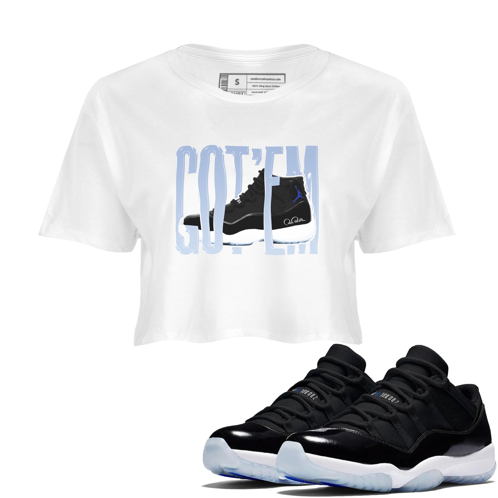 11s Black and Varsity Royal shirt to match jordans Wiggling Gotem sneaker tees Air Jordan 11 Black/Varsity Royal SNRT Sneaker Release Tees White 1 Crop T-Shirt