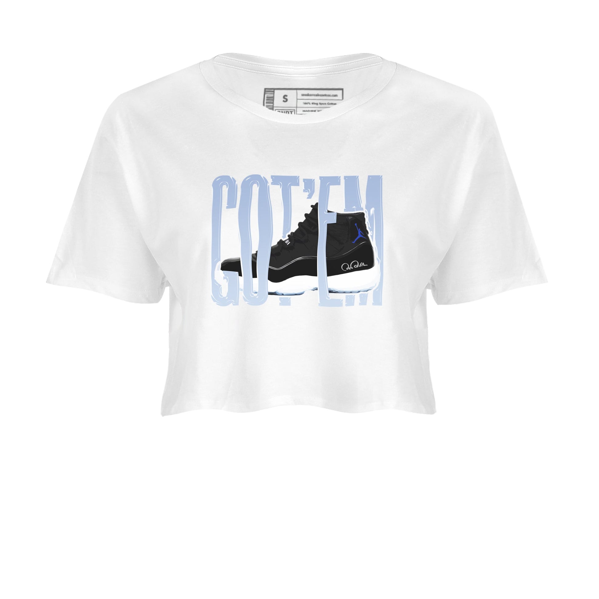 11s Black and Varsity Royal shirt to match jordans Wiggling Gotem sneaker tees Air Jordan 11 Black/Varsity Royal SNRT Sneaker Release Tees White 2 Crop T-Shirt