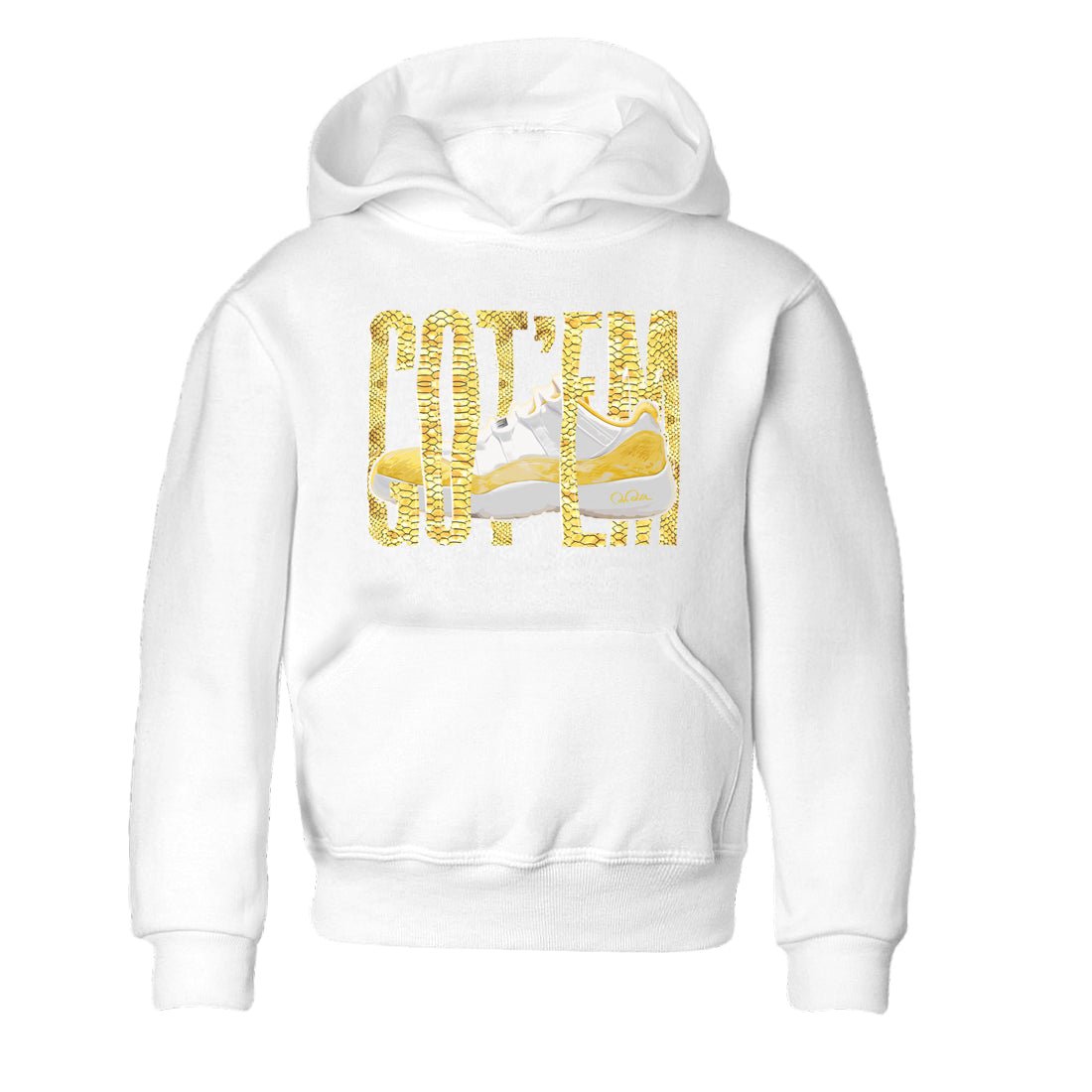 Air Jordan 11 Yellow Python Sneaker Match Tees Wiggling Gotem Sneaker Tees AJ11 Yellow Python Sneaker Release Tees Kids Shirts White 2