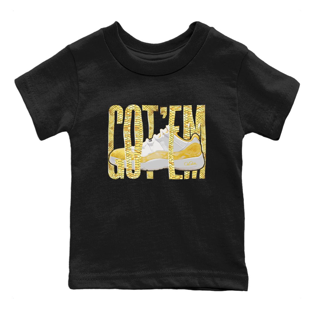 Air Jordan 11 Yellow Python Sneaker Match Tees Wiggling Gotem Sneaker Tees AJ11 Yellow Python Sneaker Release Tees Kids Shirts Black 2