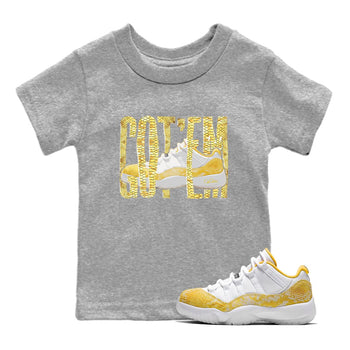 Air Jordan 11 Yellow Python Wiggling Gotem Baby and Kids Sneaker Tees Air Jordan 11 Yellow Python Kids Sneaker Tees Size Chart