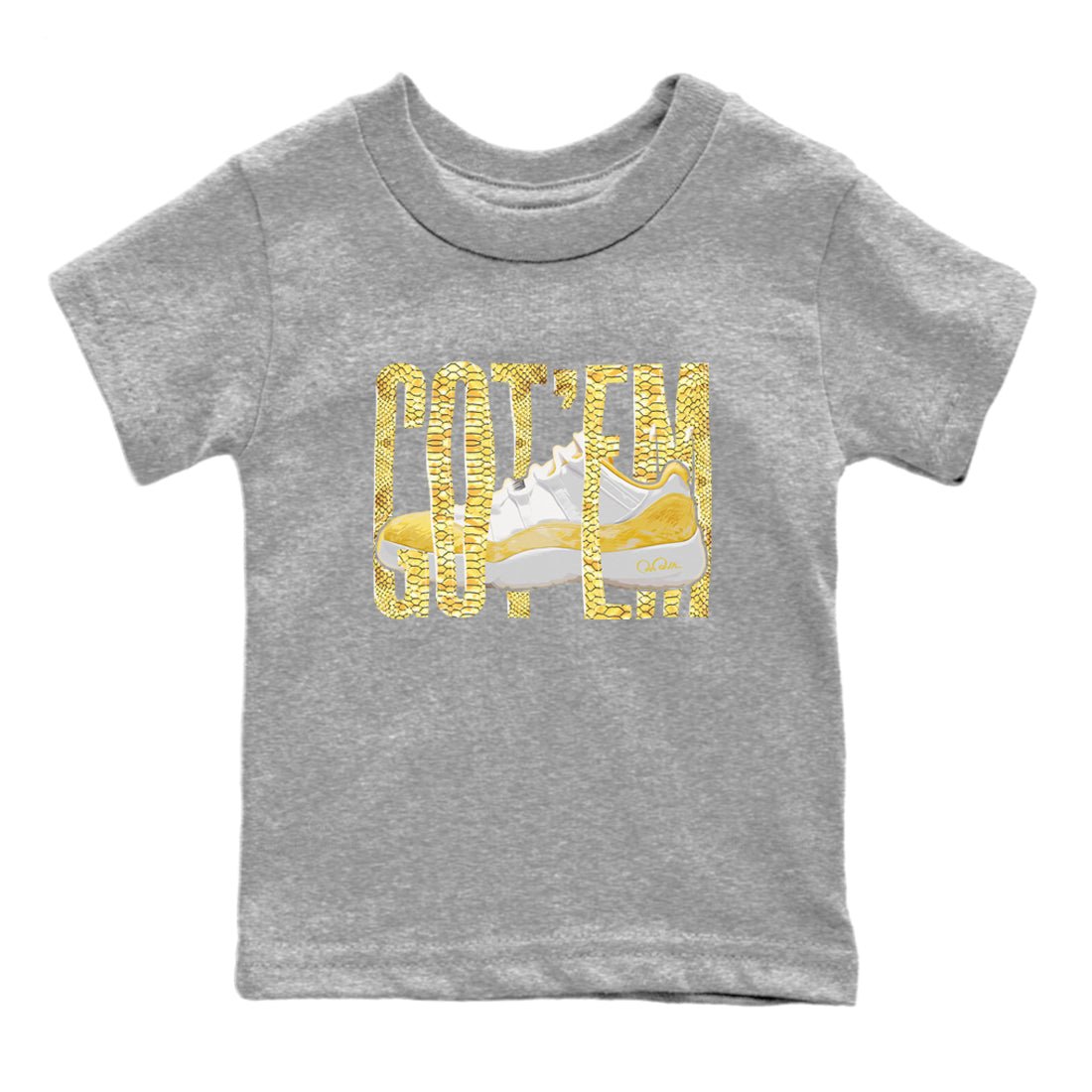 Air Jordan 11 Yellow Python Sneaker Match Tees Wiggling Gotem Sneaker Tees AJ11 Yellow Python Sneaker Release Tees Kids Shirts Heather Grey 2
