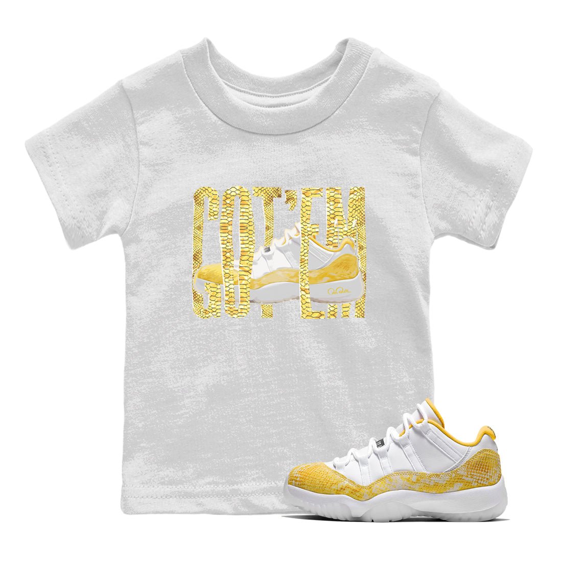 Air Jordan 11 Yellow Python Sneaker Match Tees Wiggling Gotem Sneaker Tees AJ11 Yellow Python Sneaker Release Tees Kids Shirts White 1