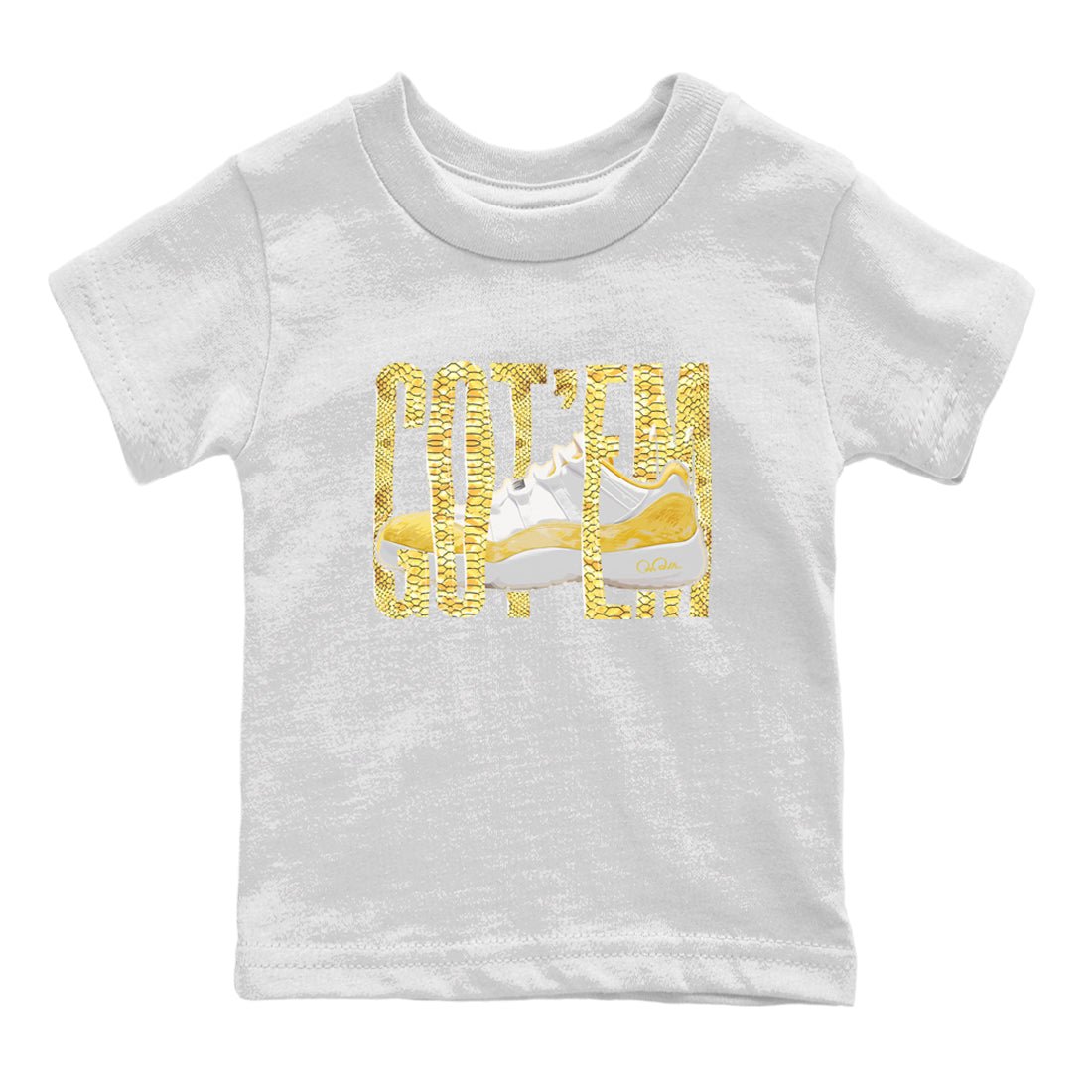 Air Jordan 11 Yellow Python Sneaker Match Tees Wiggling Gotem Sneaker Tees AJ11 Yellow Python Sneaker Release Tees Kids Shirts White 2