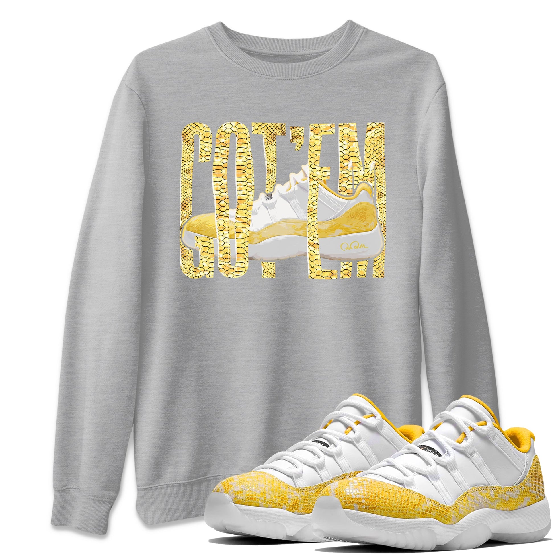 Air Jordan 11 Yellow Python Sneaker Match Tees Wiggling Gotem Sneaker Tees AJ11 Yellow Python Sneaker Release Tees Unisex Shirts Heather Grey 1