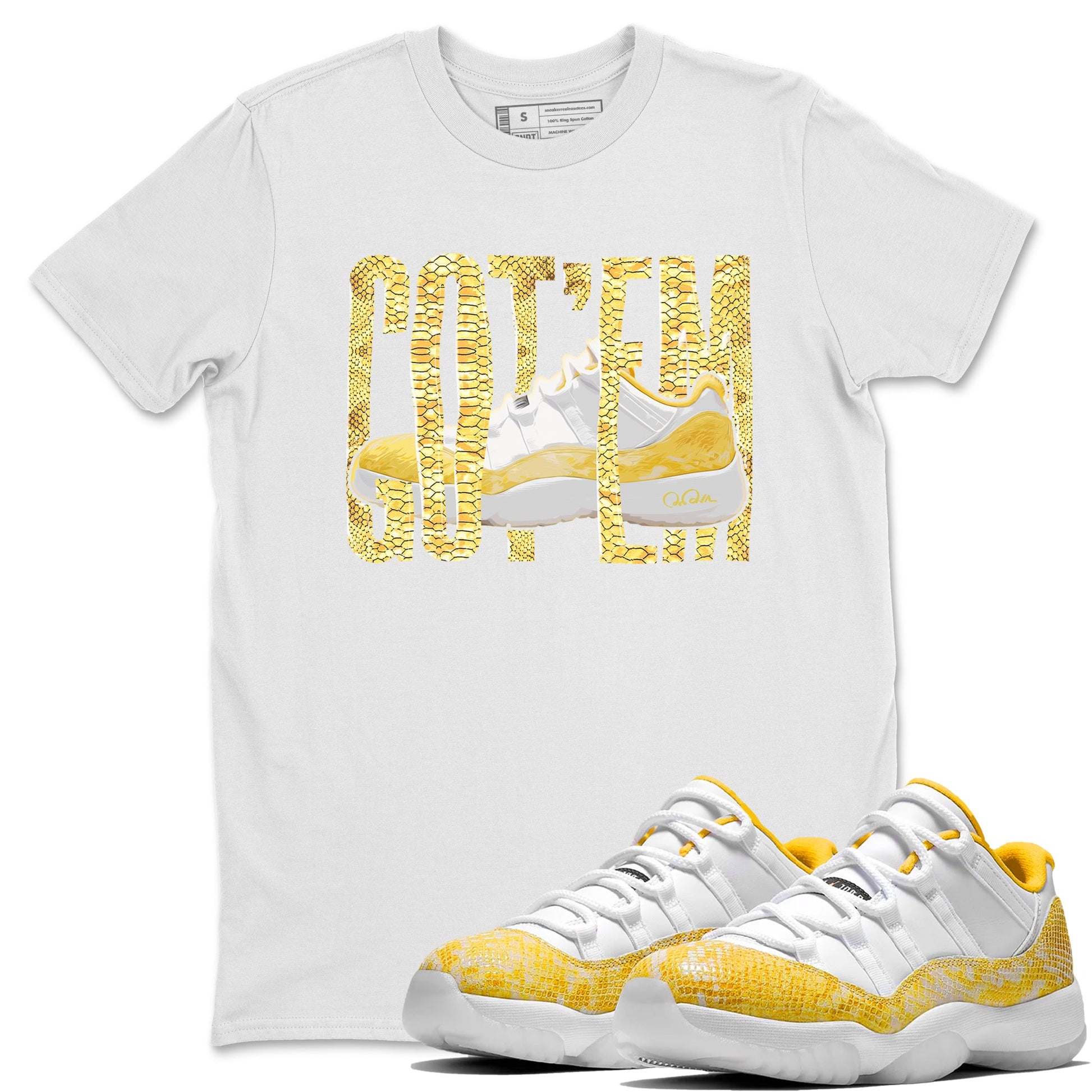 Air Jordan 11 Yellow Python Sneaker Match Tees Wiggling Gotem Sneaker Tees AJ11 Yellow Python Sneaker Release Tees Unisex Shirts White 1