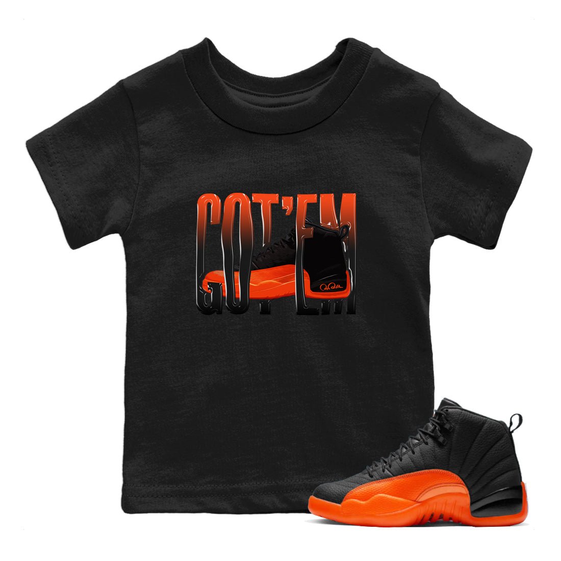 Air Jordan 12 Brilliant Orange Sneaker Match Tees Wiggling Gotem Sneaker Tees AJ12 Brilliant Orange Sneaker Release Tees Kids Shirts Black 1